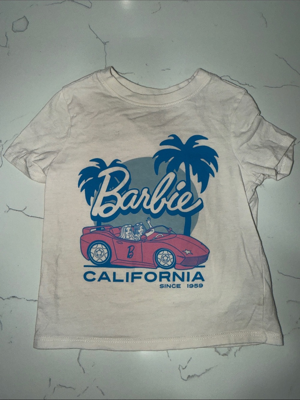 Barbie White Tee with Pink Convertible & Blue Palms
